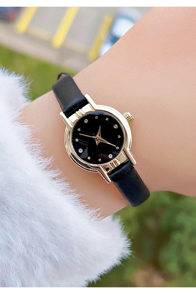 Weluxa Gold Color Case Black Leather Cord Women Wrist Watch