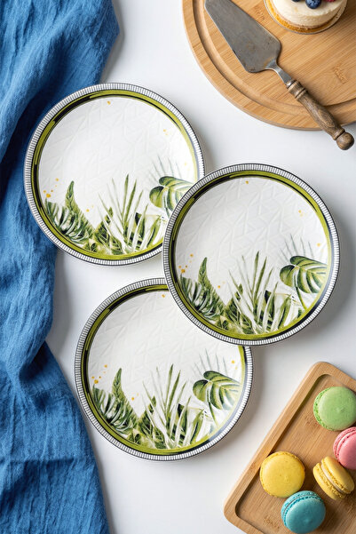grandora Yeşil Tropikal Desenli Pasta Tabağı Seti 6 Adet 20 CM - Modern Şık S...