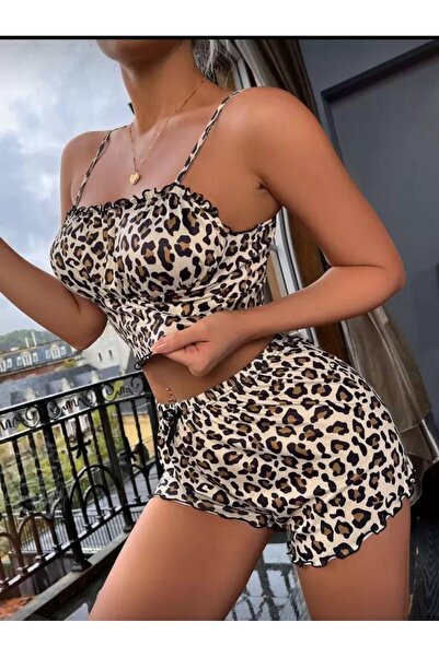 VenusOfficial VENUS Leopar Desenli Şortlu Pijama Takımı Askılı Yazlık Kadın T...