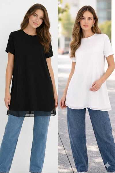 Puane Γυναικείο ΜΑΥΡΟ - ΕΚΡΟΥ Χρωματιστό Μισόμανικο Τούνικ με Λεπτομέρεια από...