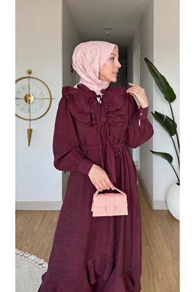 merve ada design Kadın Volan Yaka Detaylı Vual Kumaş Tesettür Elbise İNCE ASTARLI