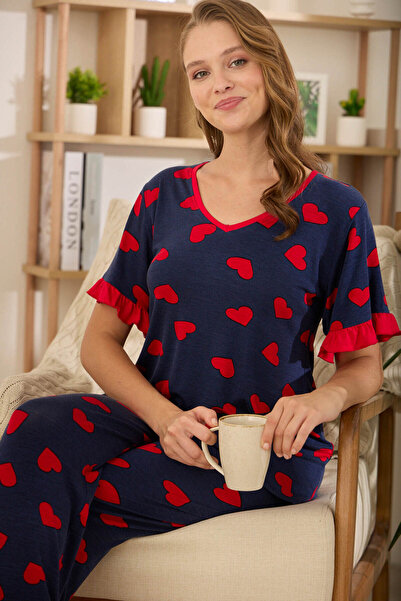 Pamuk viskon Süper Yumuşak, Kalp Desenli, Kısa Kollu Pijama Takımı .