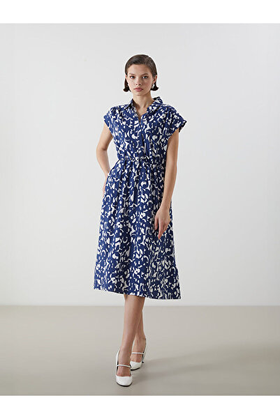 LC Waikiki Lcwaikiki Classic Navy Blue Shirt Collar Patterned Women's Dress w...