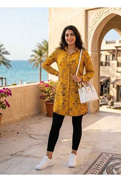 Polologin Butik Μουσταρδί κίτρινο πουκάμισο με καλλιτεχνικό σχέδιο και μακρύ ...