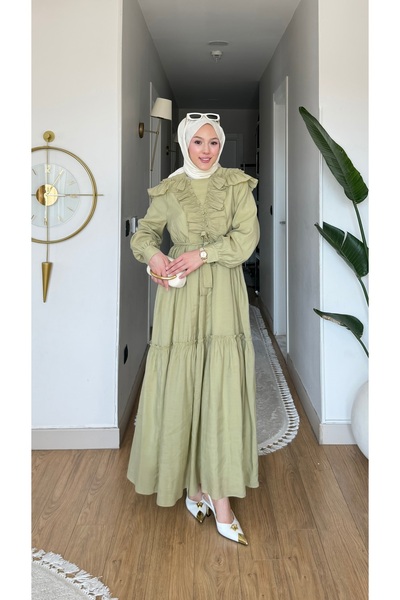 merve ada design Vual Kumaş Fırfır Yaka Detaylı Tesettür Elbise İNCE ASTARLI