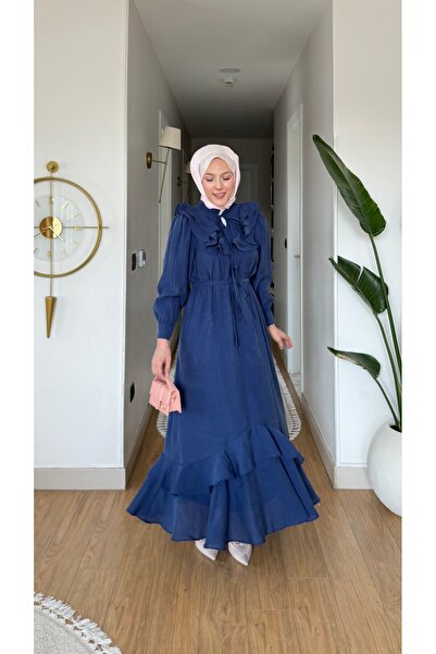 merve ada design Kadın Volan Yaka Detaylı Vual Kumaş Tesettür Elbise İNCE AST...