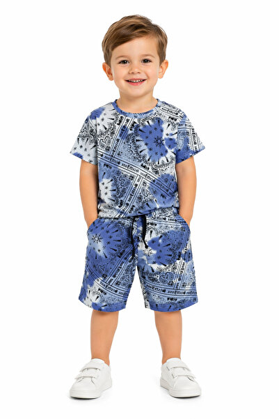 İrem Çocuk Giyim Boy's Batik Patterned Blue Color Shorts Set with Writing on Top