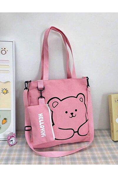 Hony Very Practical Large Size Canvas Bag with Bear Design in Pink Color