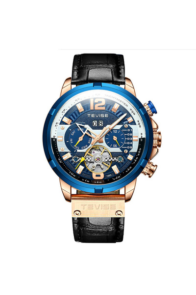 Tevise Ανδρικό Αυτόματο Μηχανικό Ρολόι Μόδας Πολυτελείας, Μαύρο Δερμάτινο "