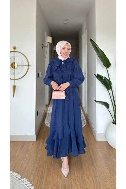 merve ada design Kadın Volan Yaka Detaylı Vual Kumaş Tesettür Elbise İNCE ASTARLI