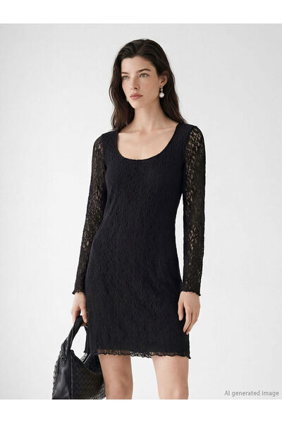 LC Waikiki Black U-Neck Lace Mini Dress