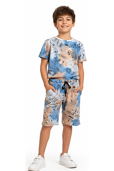 İrem Çocuk Giyim Boy/Girl's Batik Patterned Orange Color Shorts Set with Writ...