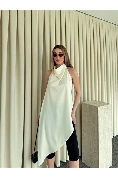 Laluvia Εκρού Σατέν Μπλούζα με Ανοιχτή Πλάτη - 103296