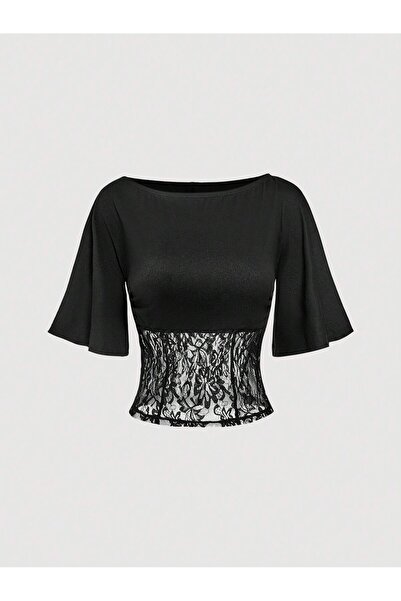 meren like your style κοντομάνικο μπλουζάκι με φαρδύ γιακά και δαντελένια λεπ...