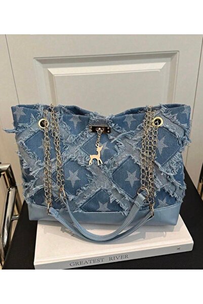 romwe Women's Blue Color and Denim Pattern Metal Chain Shoulder and Hand Bag