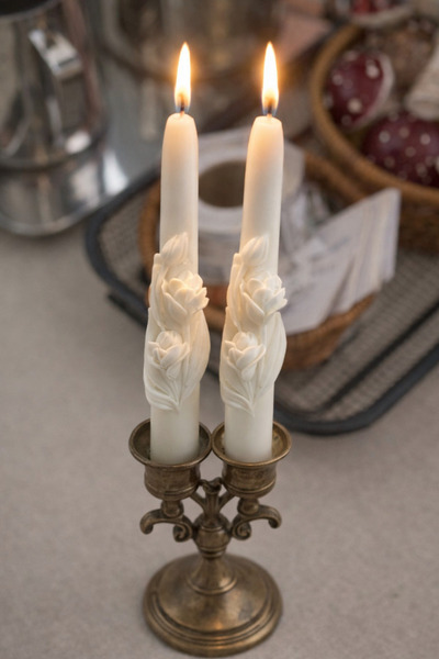 SCA CANDLE Dekoratfi Mum Şamdanlık Mum çiçek desenli Beyaz Renk 2 Kili 20x2,2
