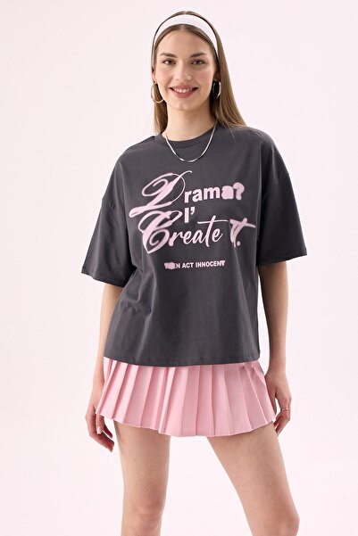 CrepTekstil Crep Kadın Dream I Create Yazı Baskılı Bisiklet Yaka Kısa Kollu T...
