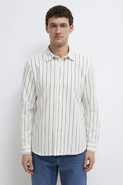 Mavi Ανδρικό πουκάμισο με μακριά μανίκια, ριγέ, από μείγμα βαμβακιού και λινο...