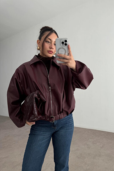 POP STORY Γυναικείο δερμάτινο μπουφάν oversized Bomber Premium με ζώνη