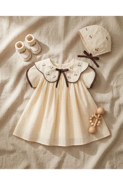 Luna Kids Store Baby Girl Collar Dress with Hazelnut Embroidery Premium Dress