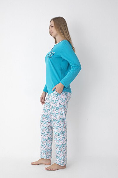 SENFONİ Turkuaz / Pembe Çiçek Desenli Uzun Kollu %100 Pamuk Pijama Takımı – Rahat ve Konforlu Ev Giyimi