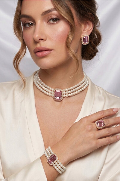 Happyline İncili pembe taşlı gold kaplama cam inci choker kolye tasarım şık k...