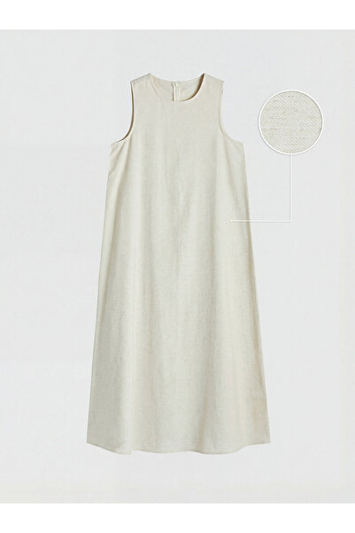 LC Waikiki Lcw Modest Ecru Oval Neck Linen Blend Dress with Nevavm Difference...