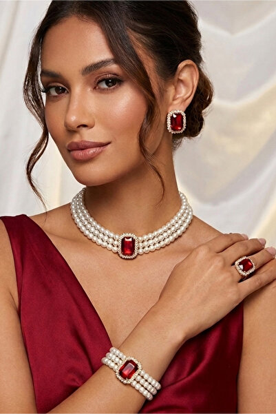 Happyline İncili bordo baget taşlı gold kaplama cam inci choker kolye tasarım...