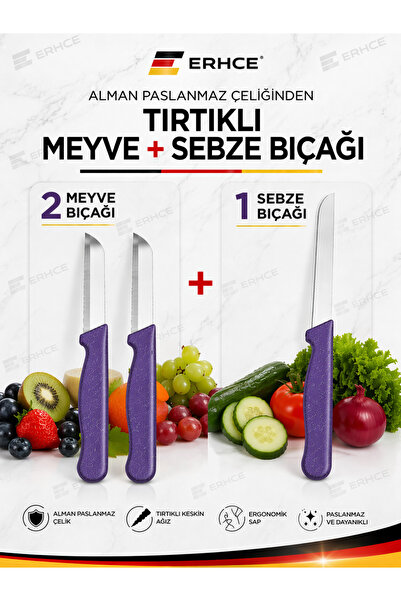 ERHCE 3'lü Mor Bıçak Seti 2 Meyve Bıçağı + 1 Sebze Bıçağı Tırtıklı Paslanmaz ...