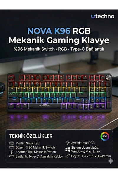 utechno Nova K96 Rgb %96 Mekanik Klavye Kompakt 77 Tuş Numpadli Type-C Kablol...