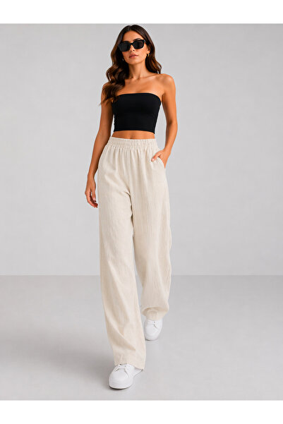 LEONE KOLEKSİYON Εκρού 100% λινό γυναικείο παντελόνι με ψηλόμεσο ελαστικό και...