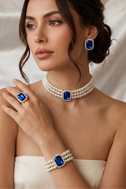 Happyline İncili saks mavisi baget taşlı gümüş kaplama cam inci choker kolye ...