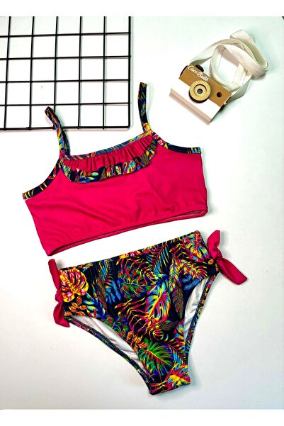 cacobutik Girl's Hawaiian Leaf Print Bikini Set Fuchsia