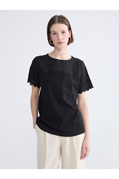 LC Waikiki Nevavm Farkıyla Lcw Everyday Black Oval Neck Embroidered Women's T...