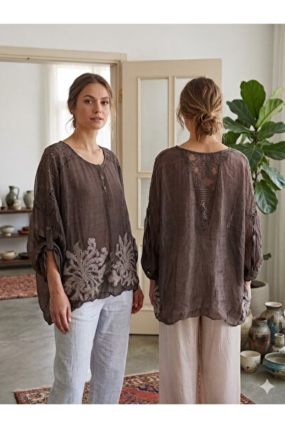 AYASOFYA OTANTIK Γυναικεία ιταλική καφέ έθνικ αυθεντική μπλούζα με ανάγλυφο σ...