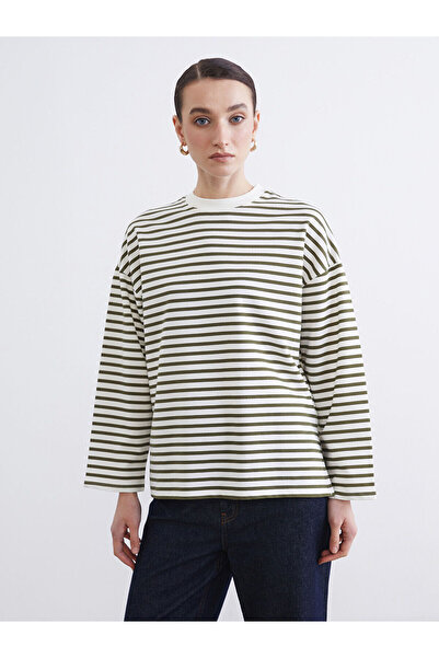 LC Waikiki Nevavm Farkıyla Lcw Modest Khaki Women's Oversize Fit Striped Swea...