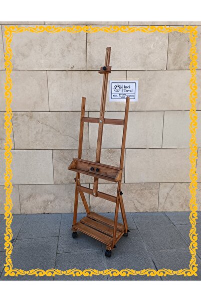 İNCİ TUVAL Tekerlekli H tipi Şövale Ahşap Boyalı Kare Ayaklı Raflı Vernikli K...