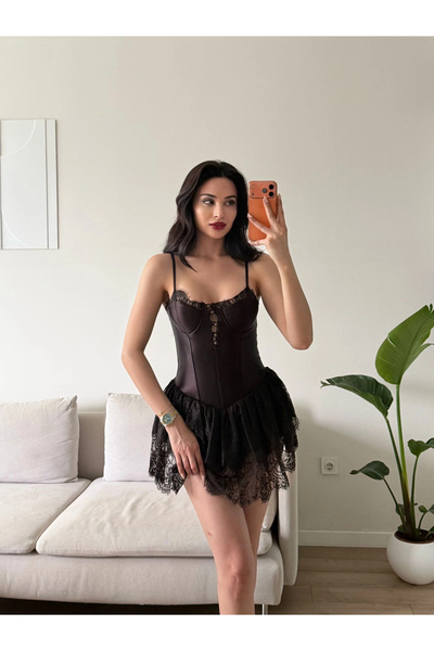 Zoom Butik Bel Korse Eteği Dantel Elbise - KAHVE