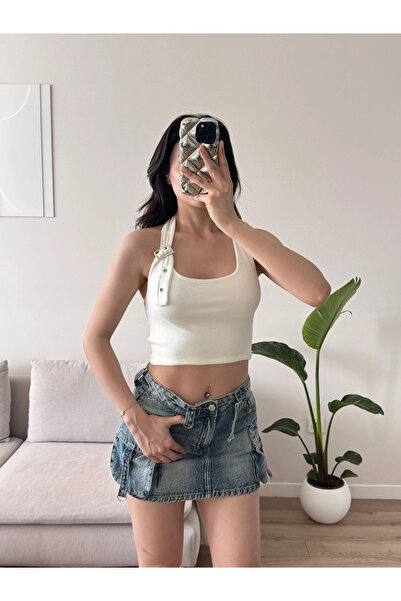 Zoom Butik Boyun Kemerli Crop - BEYAZ