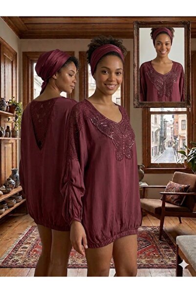 AYASOFYA OTANTIK Γυναικεία ιταλική μπλούζα από μετάξι με στρογγυλές πούλιες σ...