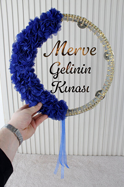 Mortex Saks Mavi Led'li Şeffaf Gelin Tefi 32 Cm 3d Çiçekli Taşlı Nedime Bride...