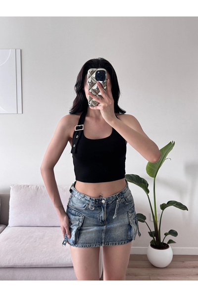 Zoom Butik Boyun Kemerli Crop - SİYAH