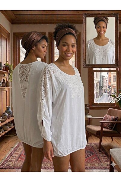 AYASOFYA OTANTIK Γυναικεία ιταλική λευκή μπλούζα με στρογγυλές παγιέτες, κέντ...