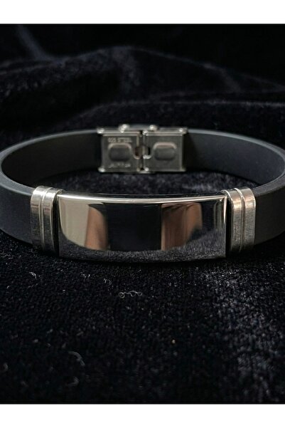 Meneva Aksesuar Black Silicone Steel Bracelet with Silver Plate