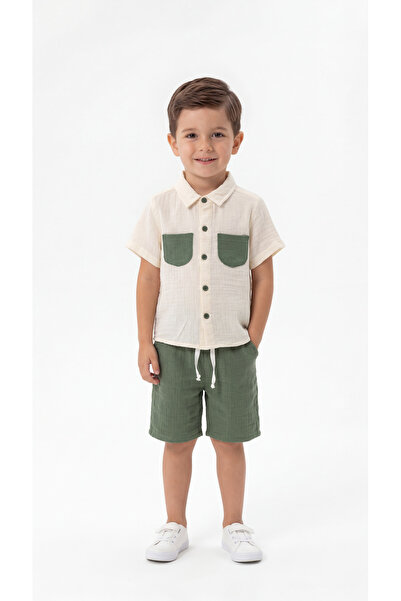 Mışıl Kids Σετ πουκάμισο και σορτς για αγόρια με λεπτομέρεια στα μανίκια και ...