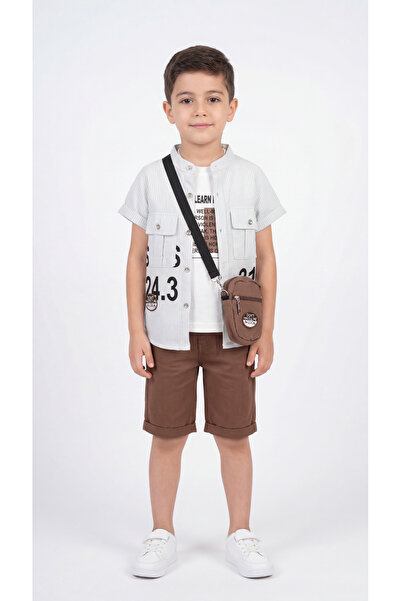 Mışıl Kids Σετ πουκάμισο-σορτς-μπλουζάκι για αγόρια με τυπωμένη τσάντα