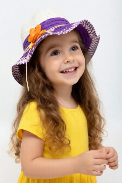 Mollycrush Girl's Purple Bow and Flower Detailed Straw Hat |   Summer Sunscreen Fedora