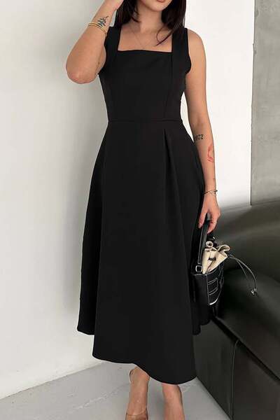 MyLoore Γυναικείο καλοκαιρινό φόρεμα με μαύρο τετράγωνο γιακά από διπλό ύφασμ...