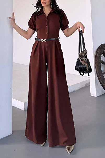 MyLoore Γυναικεία φόρμα με καφέ χρώμα, γιακά πουκάμισου και φαρδιά μπατζάκια ...