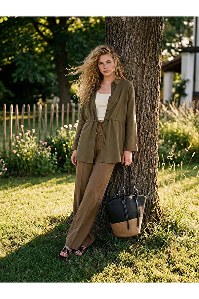 LC Waikiki Lcw Studio Khaki Oversize Dobby Women's Shirt Tunic with Nevavm Di...